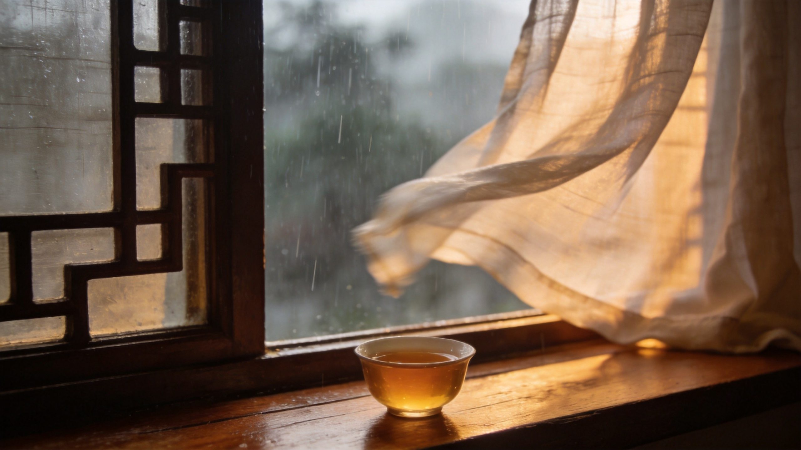 窗台茶杯雨天意境图