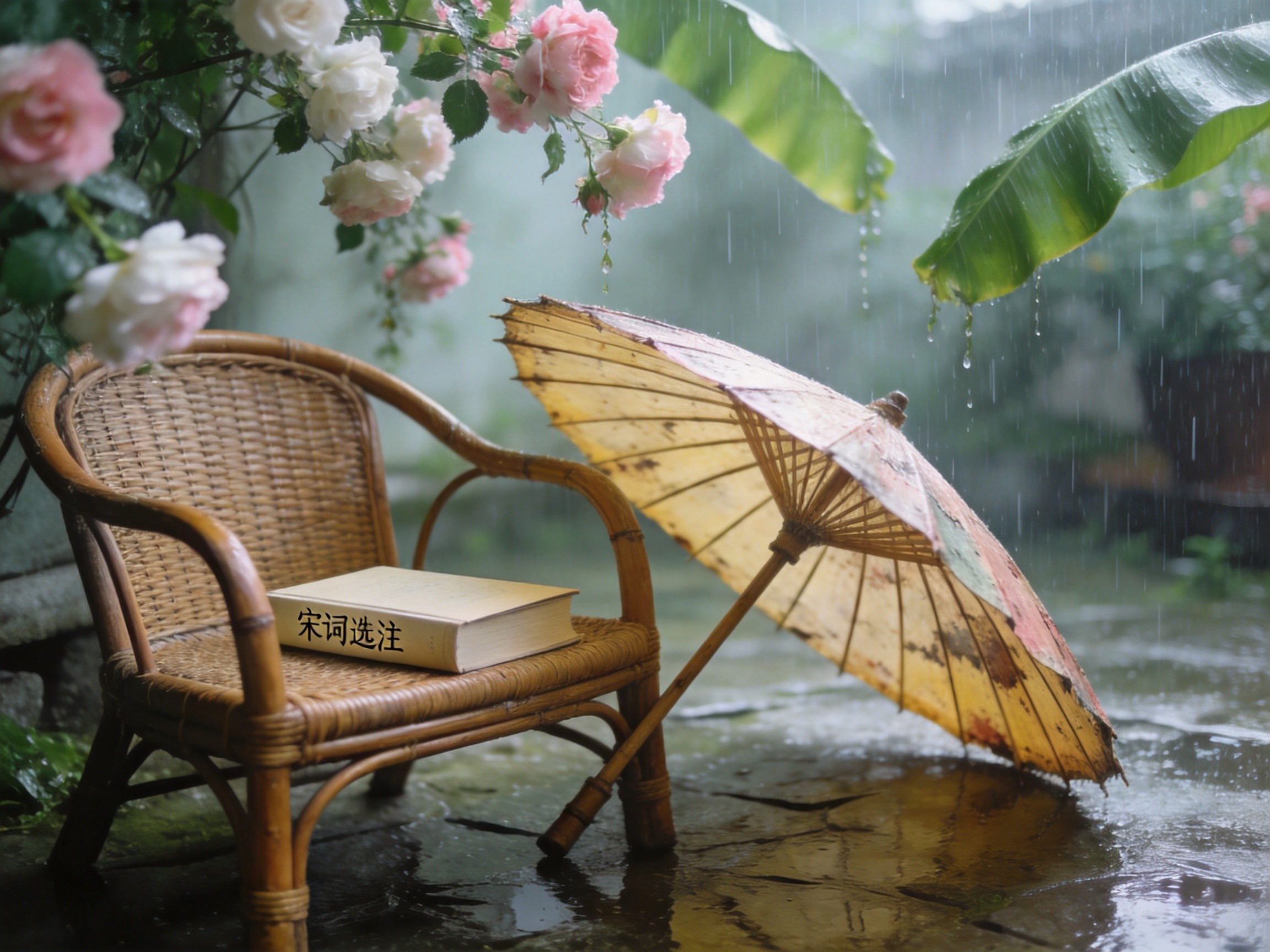 藤椅书本雨天意境图