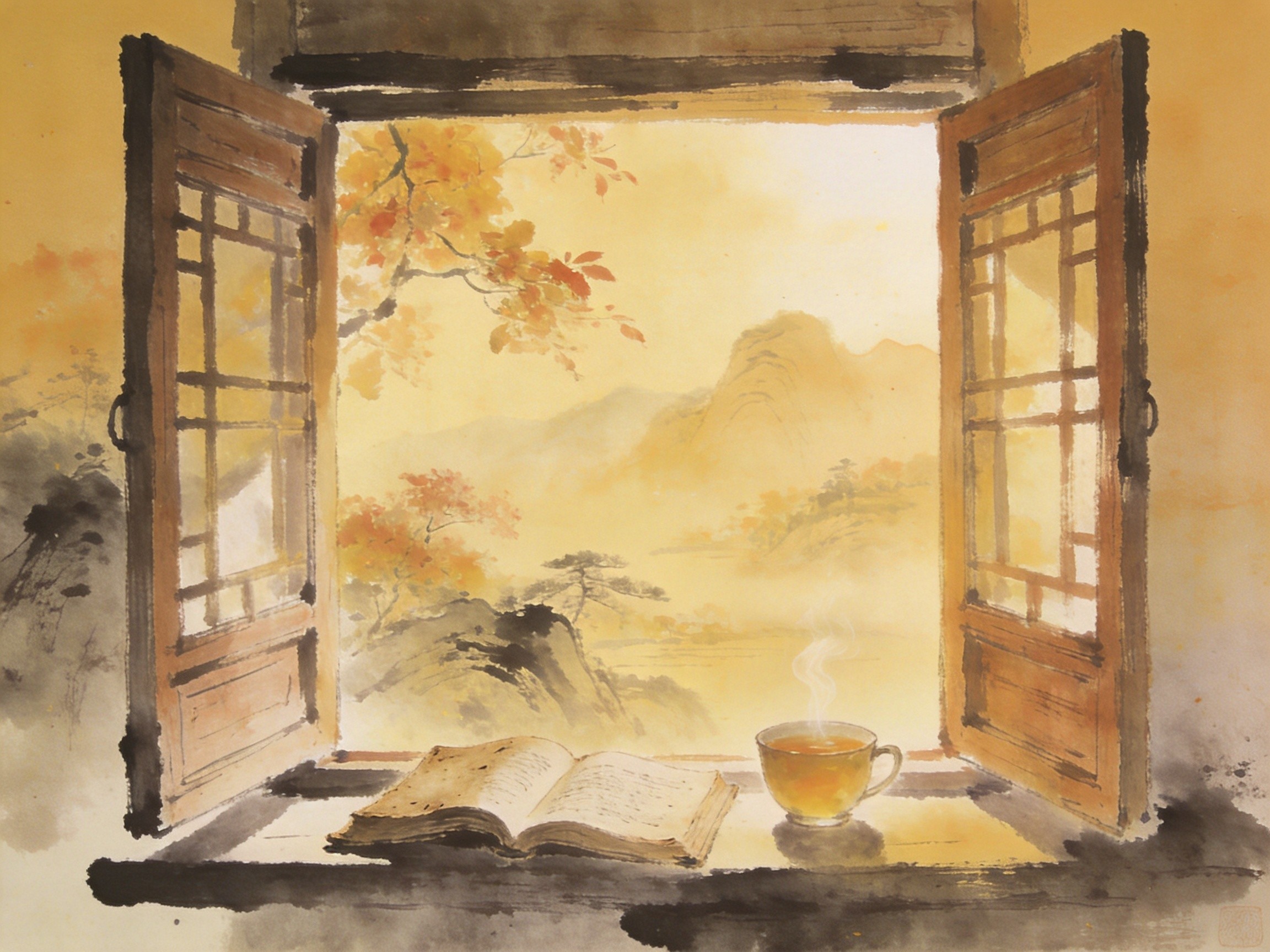 窗边茶书意境图